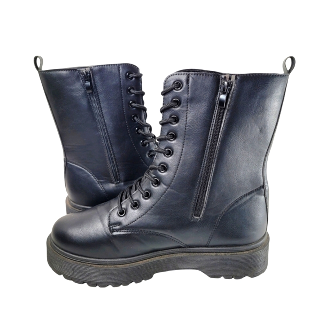 BM Collection Black Vegan Leather Platform Combat Boots Size 10 - Picture 1 of 11